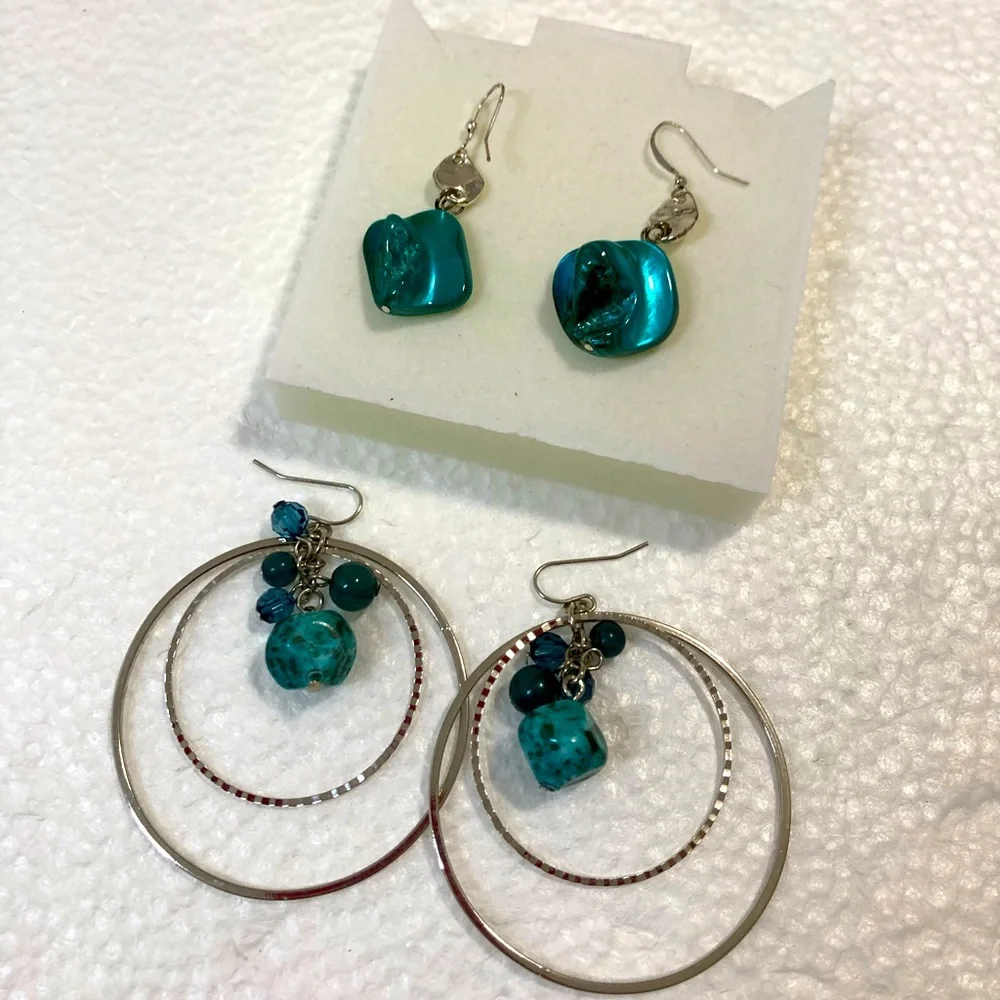 Elegant Silver and Teal Earrings Set ( 2 pairs ) - Picture 1 of 11